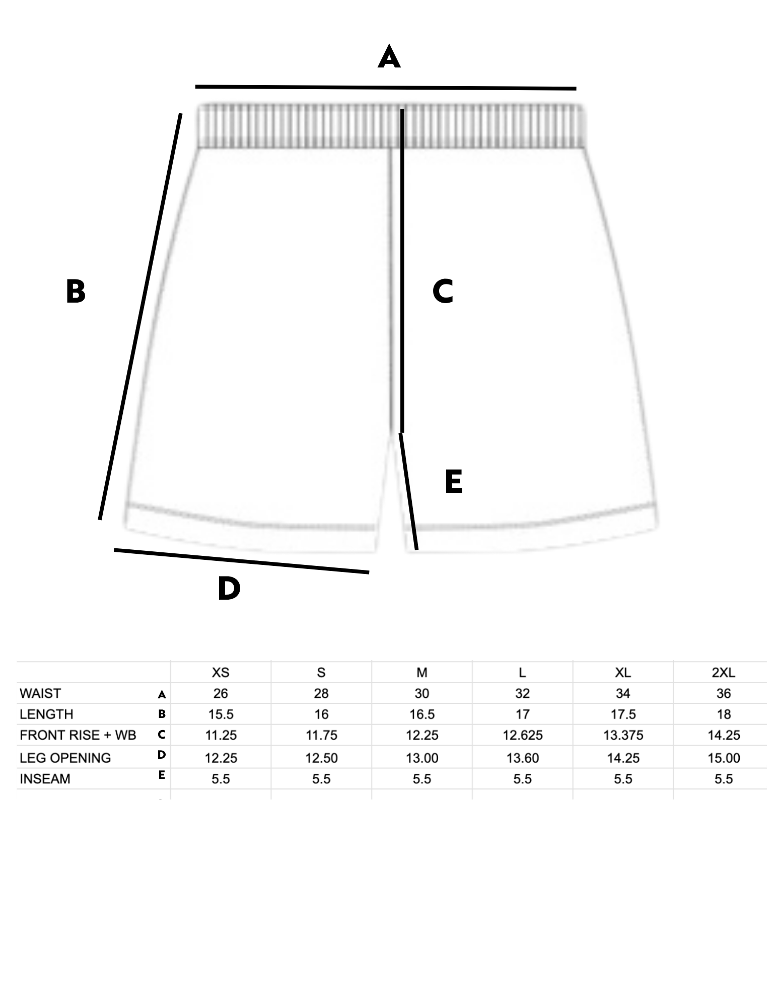 Measurement chart for shorts with labeled parts and size chart on a white background